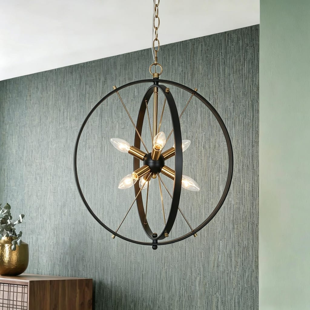 Modern 6-Light Black Gold Starburst Chandelier Orb Pendant Lights for Dining Room - 18" W x 20.5" H