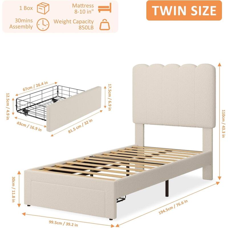 Twin Velvet Upholstered Platform Bed Frame with Wave Headboard & Drawer, No Box Spring Needed, Wood Slats, Noiseless