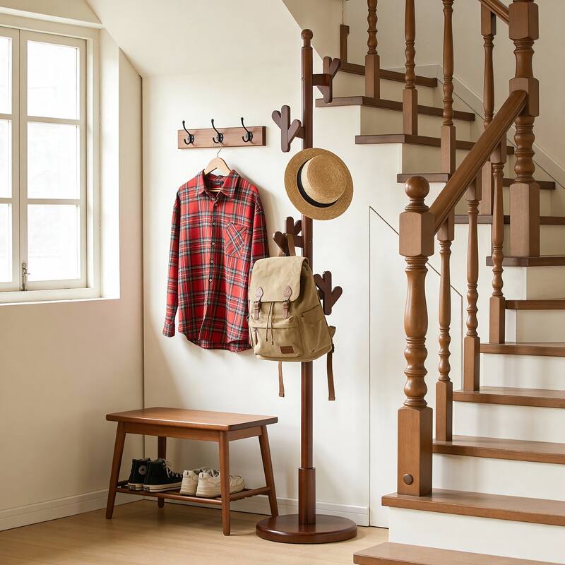 Solid Wood Coat Rack Freestanding Coat Tree Stand with 4 Creative Antler Hooks - 72"H x 15.7"W