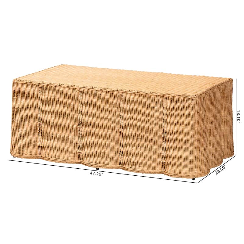 Palm Scalloped Rattan Coffee Table - Handwoven Wicker Rectangle Accent Table for Living Room, Patio or Sunroom