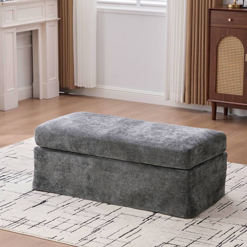 46" Wide Modern Upholstered Chenille Ottoman, Foot Stool Square Footrest with Black Metal Legs for Living Room, Bedroom - Charcoal