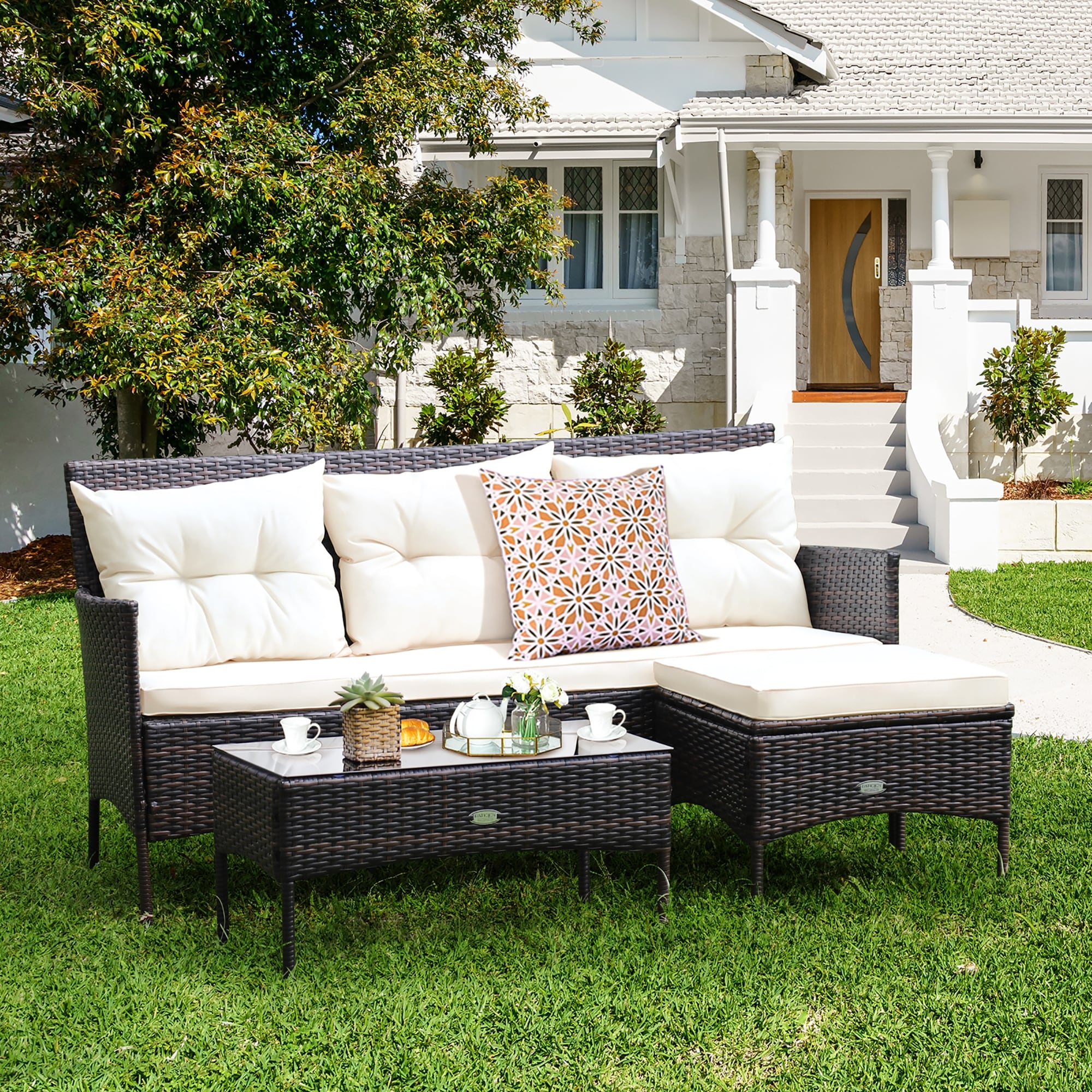 Costway 3PCS Patio Rattan Furniture Set 3-Seat Sofa Cushioned Table - See details