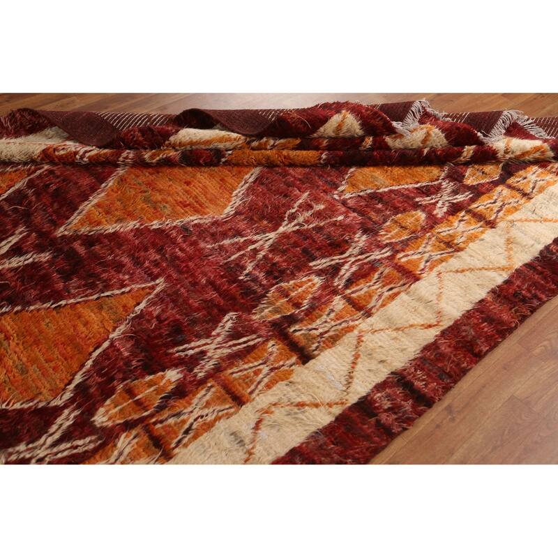 Hand Knotted Oriental 100% Wool Carpet Modern Tribal Red Moroccan Area Rug - 9' 10'' X 6' 10''