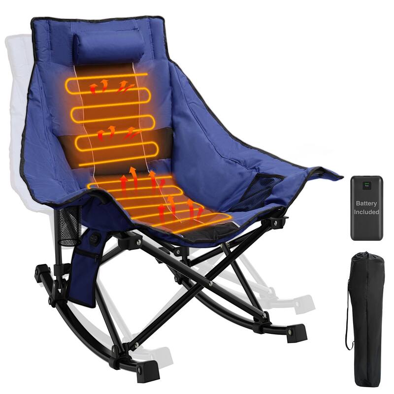 Oversized Heated Camping Chair, Rocking Camping Chair with 3 Heat Levels for Back and Seat, Portable Folding Heated Chairs