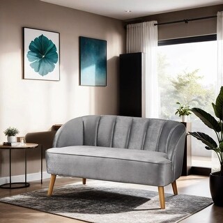 Grey Velvet Shell-Back Loveseat with Birch Wood Legs and Channel-Tufted ...