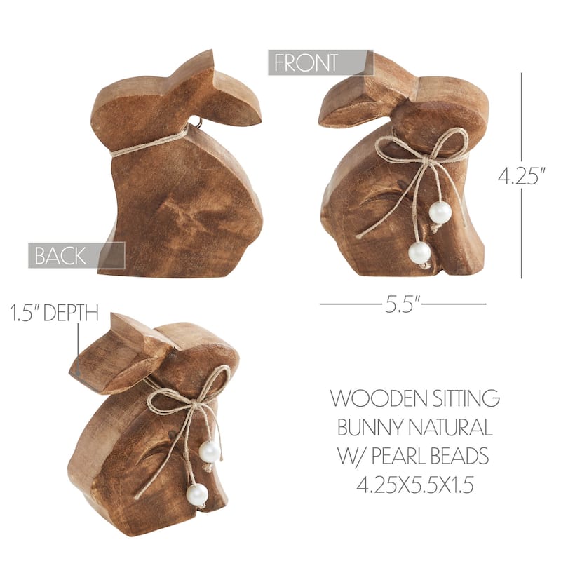 Bunny Hop Wooden Sitting Bunny Natural w/ Pearl Beads 4.25x5.5x1.5