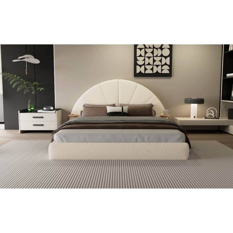 Roomfitters Queen Arched Boucle Bed Frame with Attached Side Table, Beige
