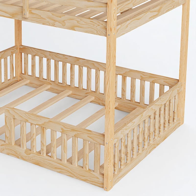 Wooden Full Over Full Bunk Bed with Safety Guardrails and Ladder, Solid Pine & MDF Construction