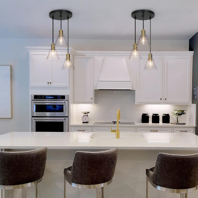 Modern Black Gold 3/1-light Pendant Light with Seeded Glass Dimmable for Kitchen Island