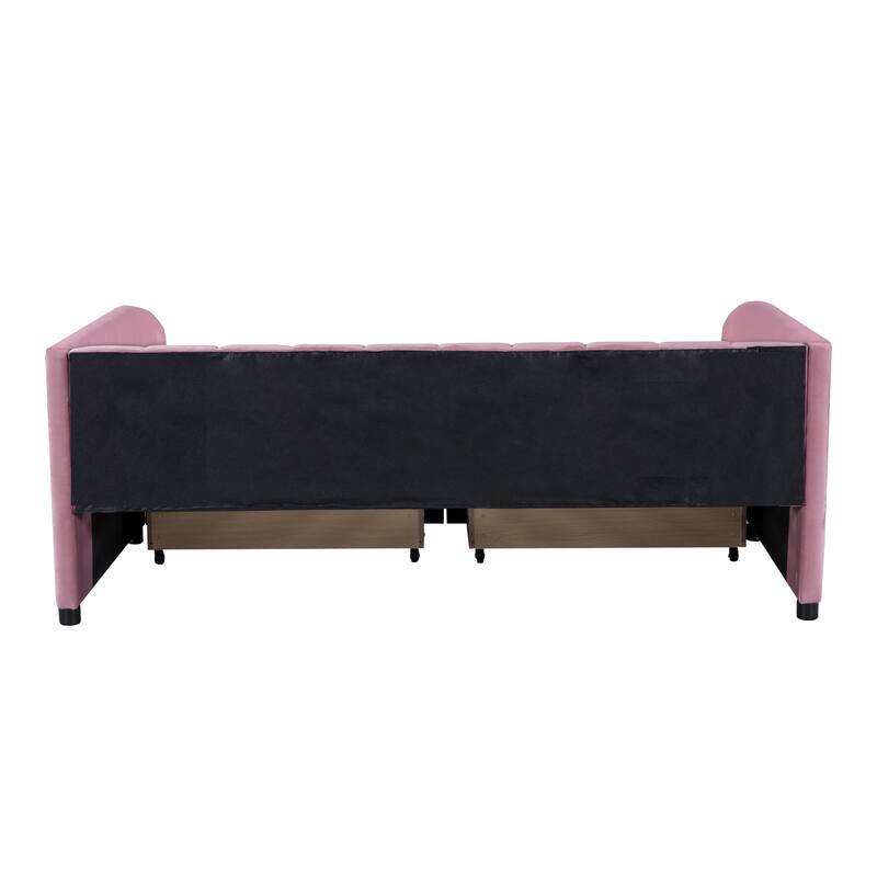 Twin Size Daybed Velvet Upholstered Sofa Bed with Trundle, Wood Platform Slat Support Bed Frame, Striped Tufted Backrest