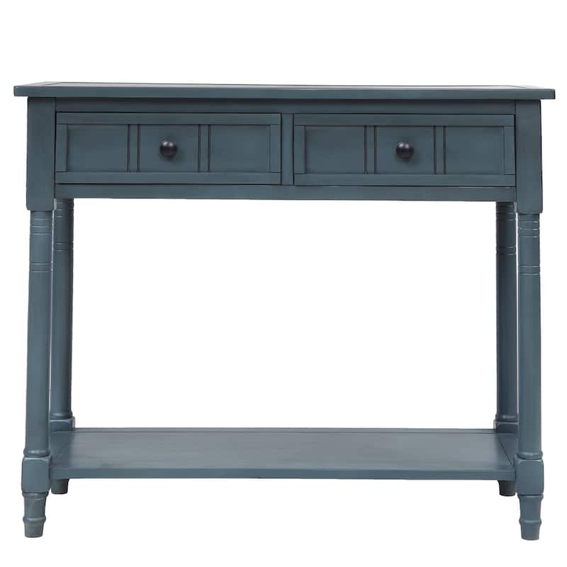 Modern Console Table with Two Drawers and Bottom Shelf - Navy