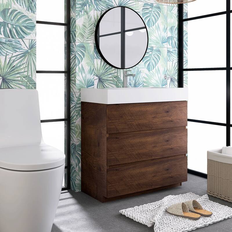 Wood Freestanding Bathroom Vanity Set with White Integrated Resin Sink