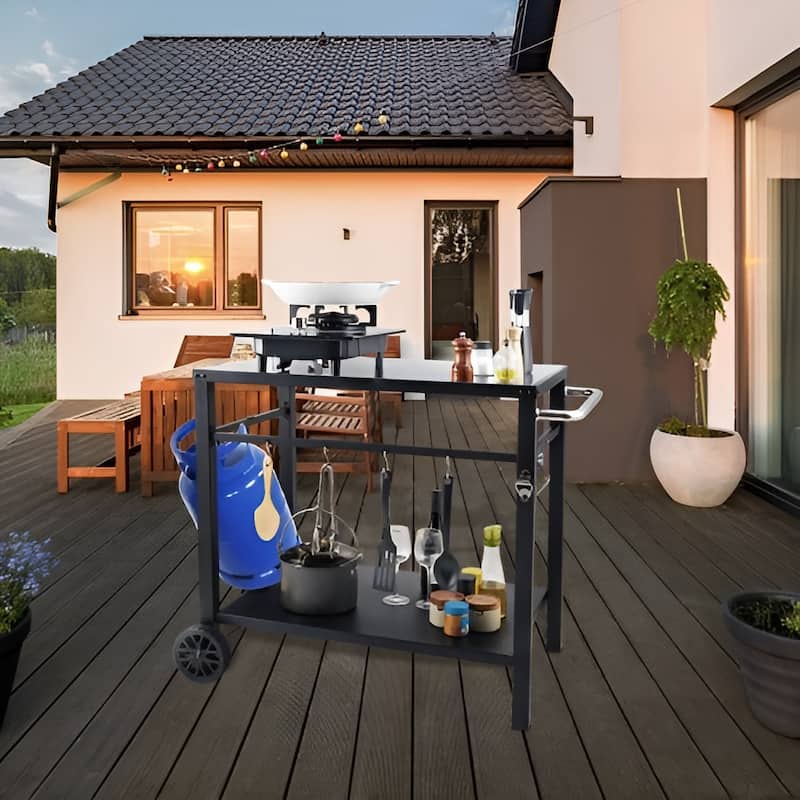 Black Outdoor BBQ Prep Table with Storage Shelves and Accessories - 39.37” L x 25.19” W x 32.87” H