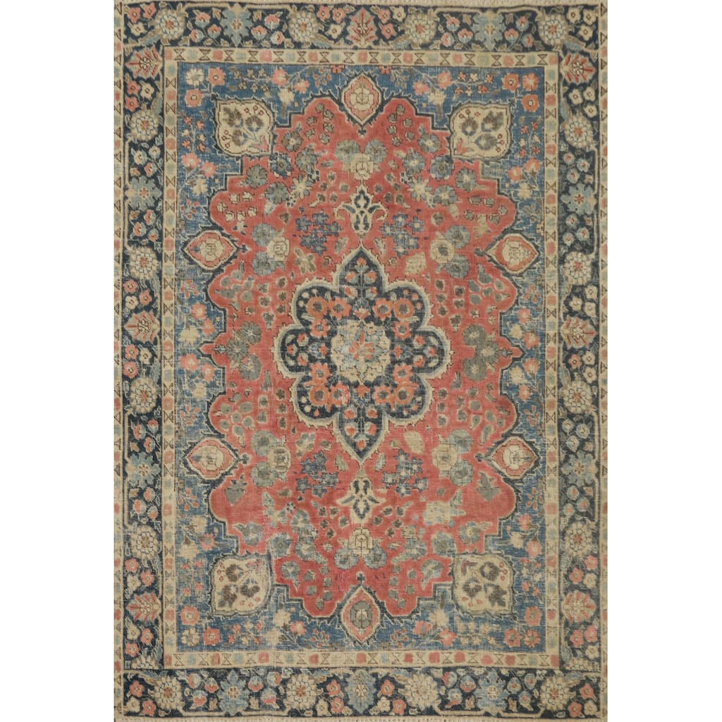 Hand Knotted Oriental 100% Wool Carpet Traditional Floral Coral Tabriz Area Rug - 5' 7'' X 4' 3''