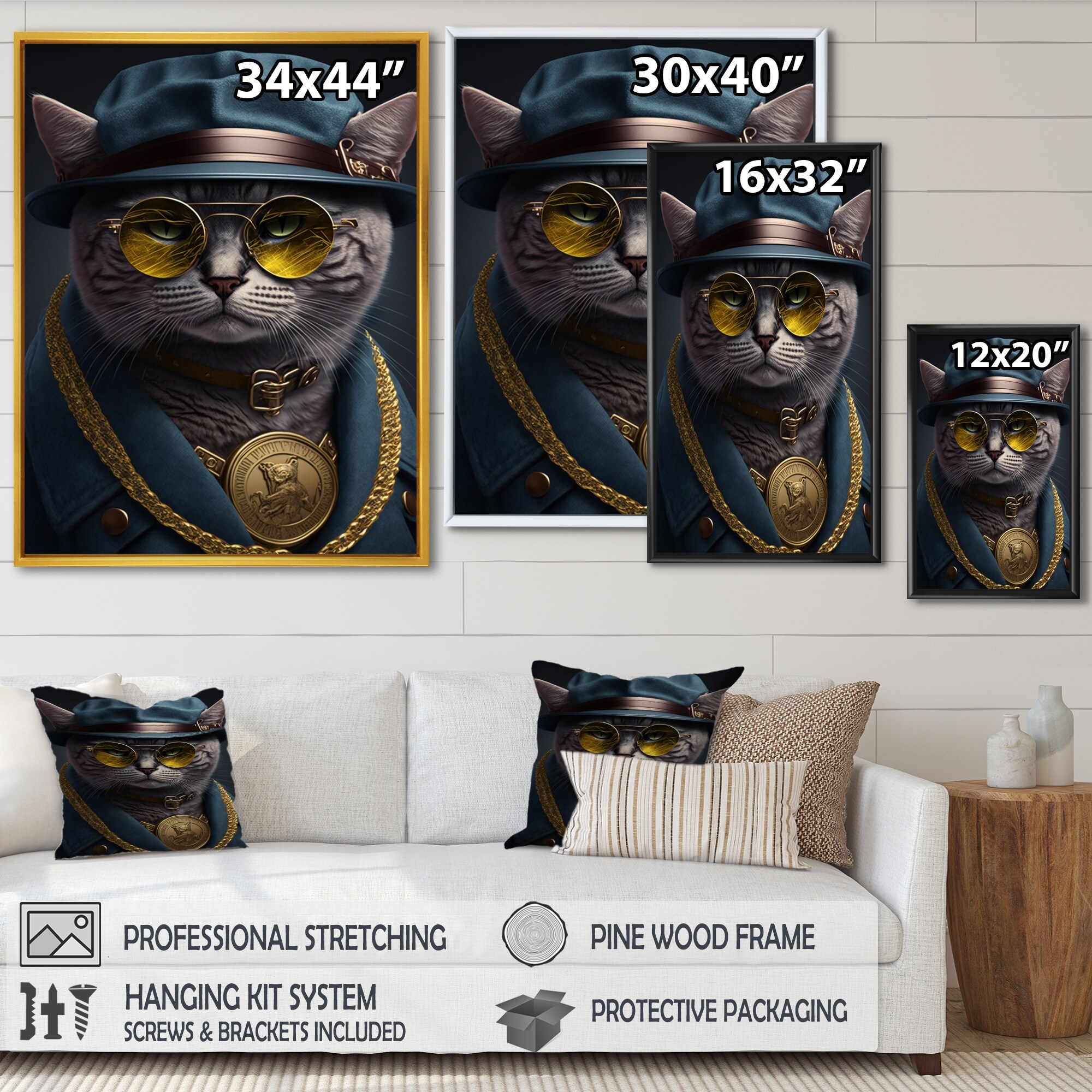 Tableau Canvas Street Art – Chat Mafia Soldier – Encadré – Pepe – Neuf