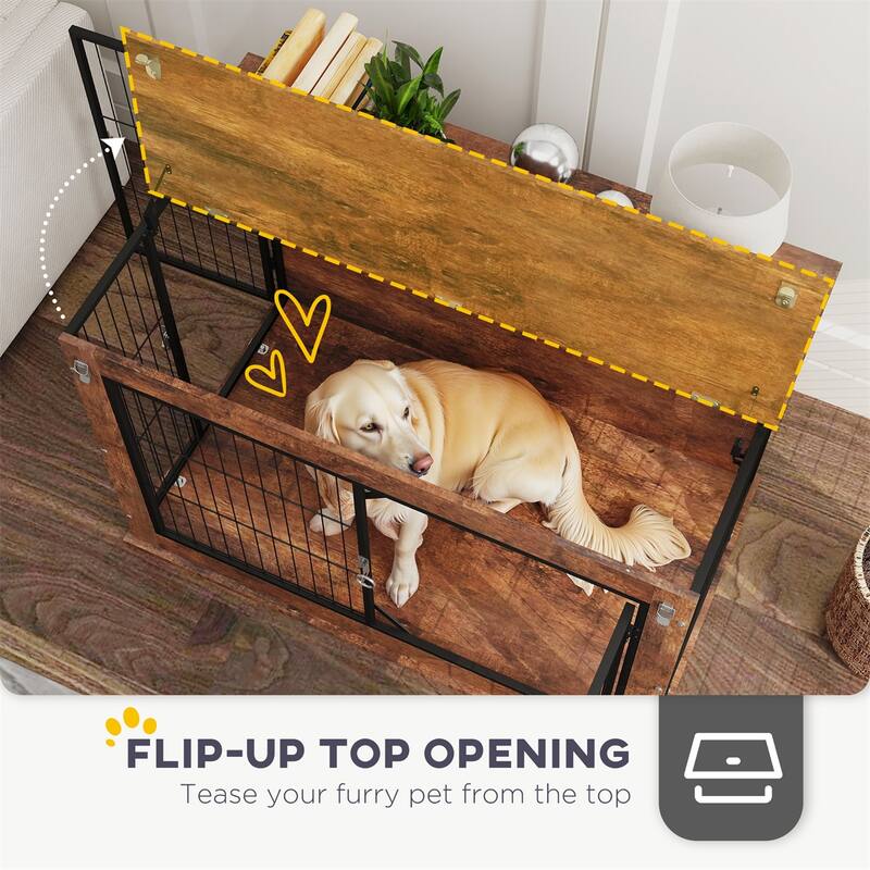 Rustic Brown Dog Crate Furniture with Dual Doors Top Opening Steel and Particleboard Construction for Large Dogs