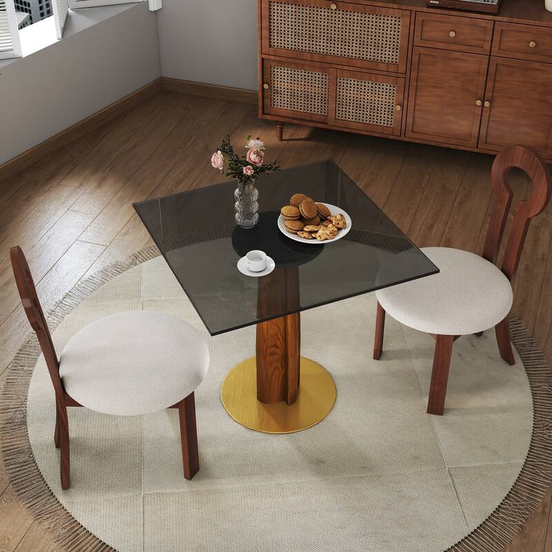 Modern Square Dining Table, 33.5" Tempered Glass Table with Wooden Leg & Gold Base, 2 - Person Kitchen Table for Small Space