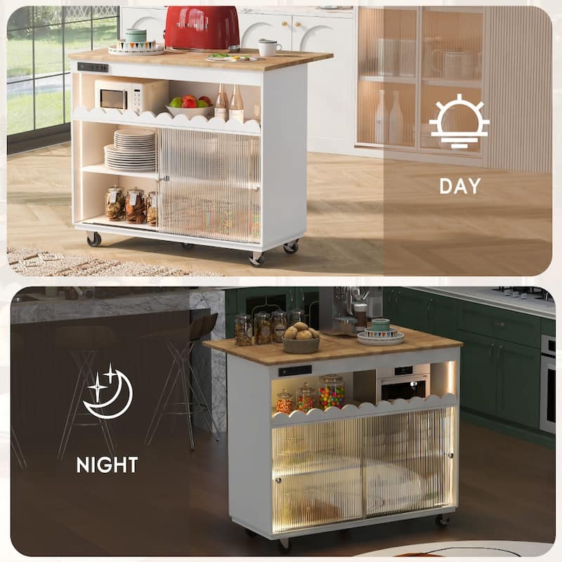 44 in. Rubber Wood Drop-Leaf Countertop Kitchen Island on 5 Wheels with Open Shelf and Wine Rack