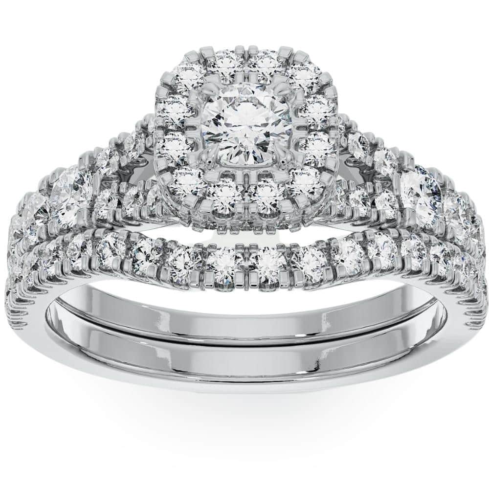 Bliss Diamond 1 1/4Ct Cushion Halo Diamond Engagement Wedding Ring Set in White or Yellow Gold