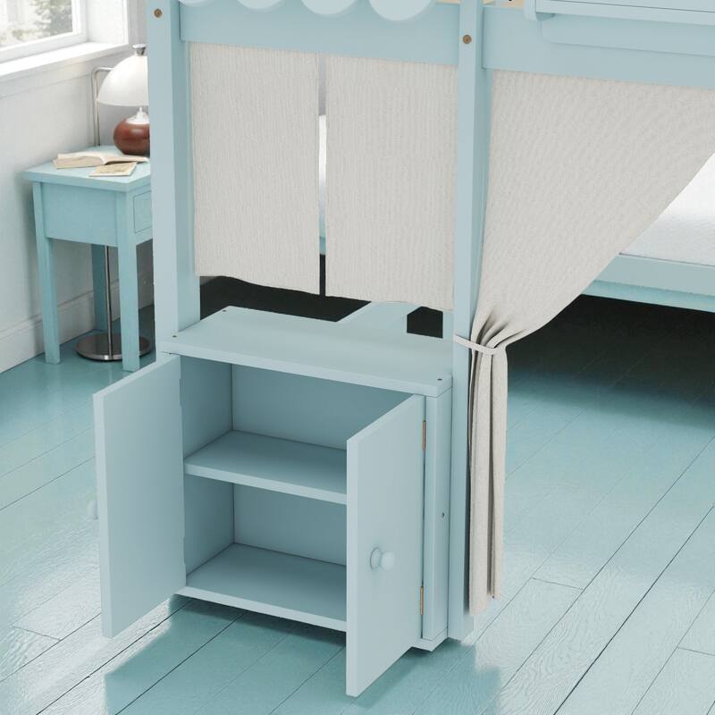 Twin/Full Loft Bed with Bookshelf, Curtain Playhouse, Storage Shelf, Cottage Roof Design and Safety Guardrails for Kids