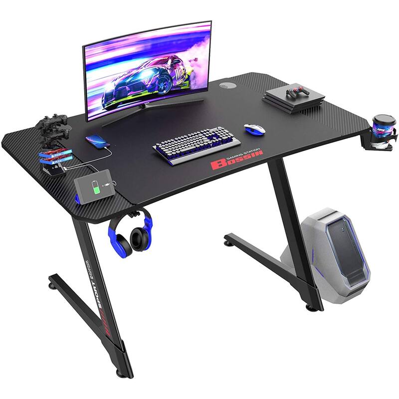 BOSSIN Ergonomic Gaming Desk Z-Shaped Office PC Computer Desk Gamer Tables with Cup Holder and Headphone Hook