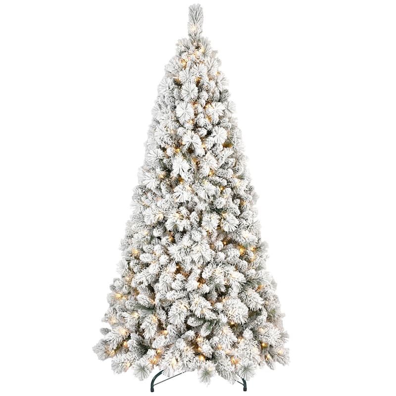 8FT Flocked Christmas Tree with 600 Warm White LED Lights-1445 Tips,Snowy PVC&Hard Needle Branches,Hinged Design for Easy Setup