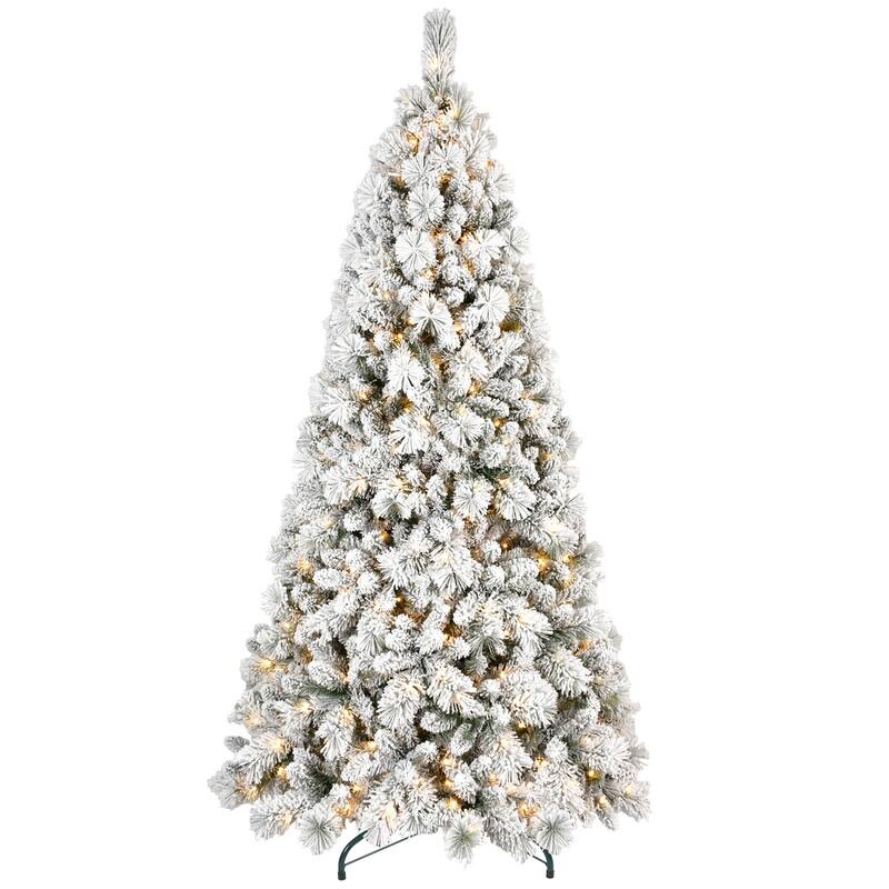 9FT Flocked Christmas Tree with 750 Warm White LED Lights-1964 Tips,Snowy PVC&Hard Needle Branches, Hinged Design for Easy Setup