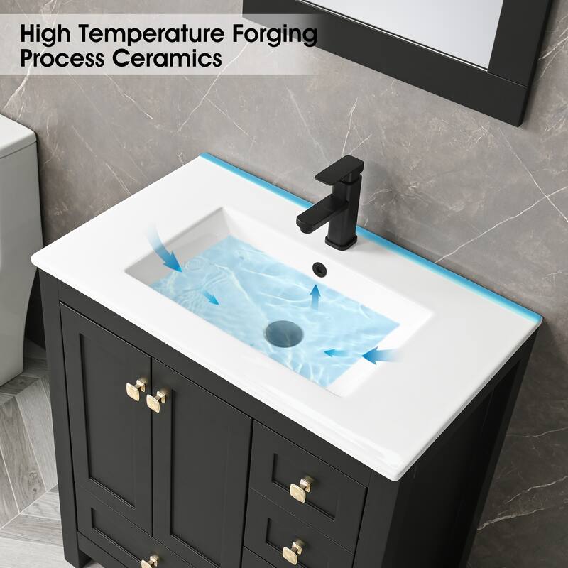 Eclife 30'' Bathroom Vanities Cabinet with Sink Combo Set Drop in Ceramic Sink Matte Black Faucet Mirror