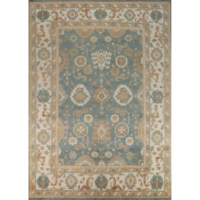 Floral Blue Oushak Style Area Rug Handmade Wool Carpet - 9'0" x 11'10"