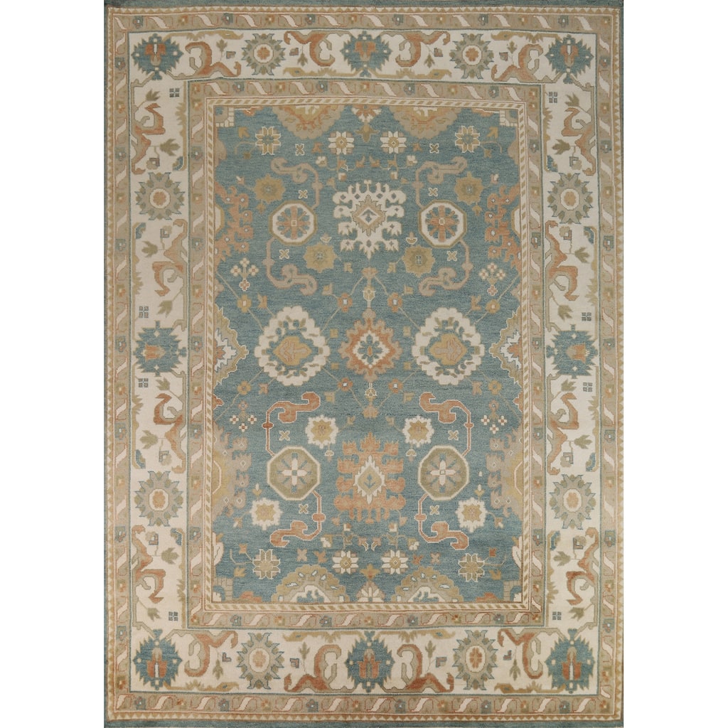 Floral Blue Oushak Style Area Rug Handmade Wool Carpet - 9'0" x 11'10"