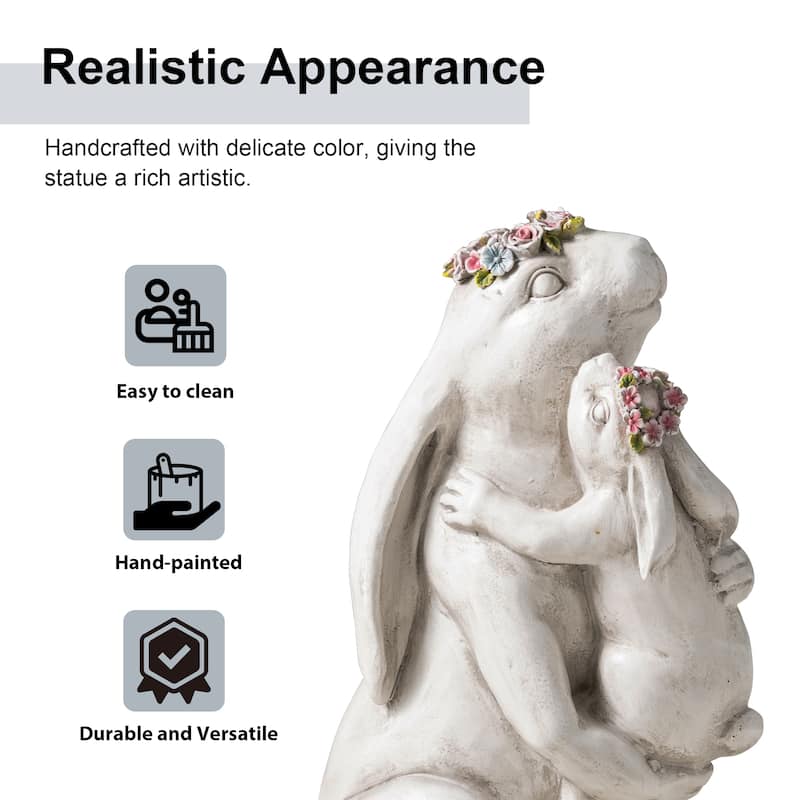 Glitzhome MGO Cute Sitting Bunny Hugging Mom and Baby Rabbit Garden Statue Indoor Outdoor Decoration