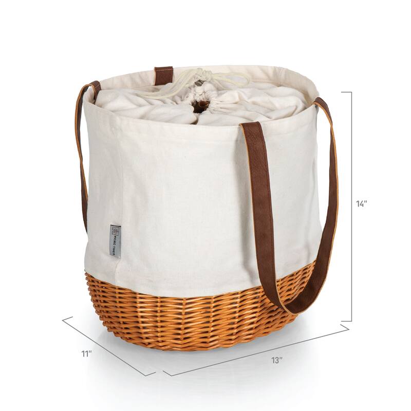 Picnic Time Coronado Canvas Willow Basket Tote, (Beige Canvas) - 14.17 x 11.42 x 13.4