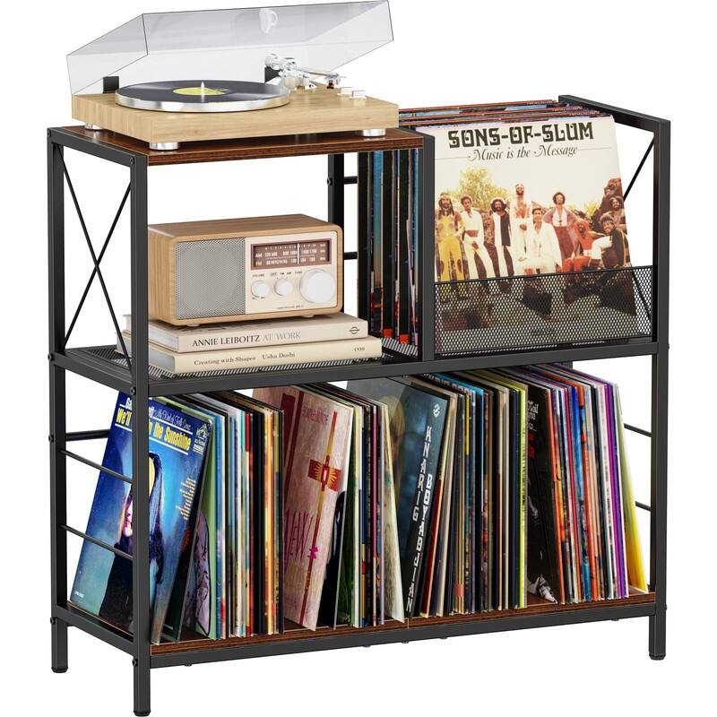 3-Tier Record Player Stand with Vinyl Record Storage - 11.81"D x 11.81"W x 29.53"H - 11.81"D x 11.81"W x 29.53"H - Brown - MDF
