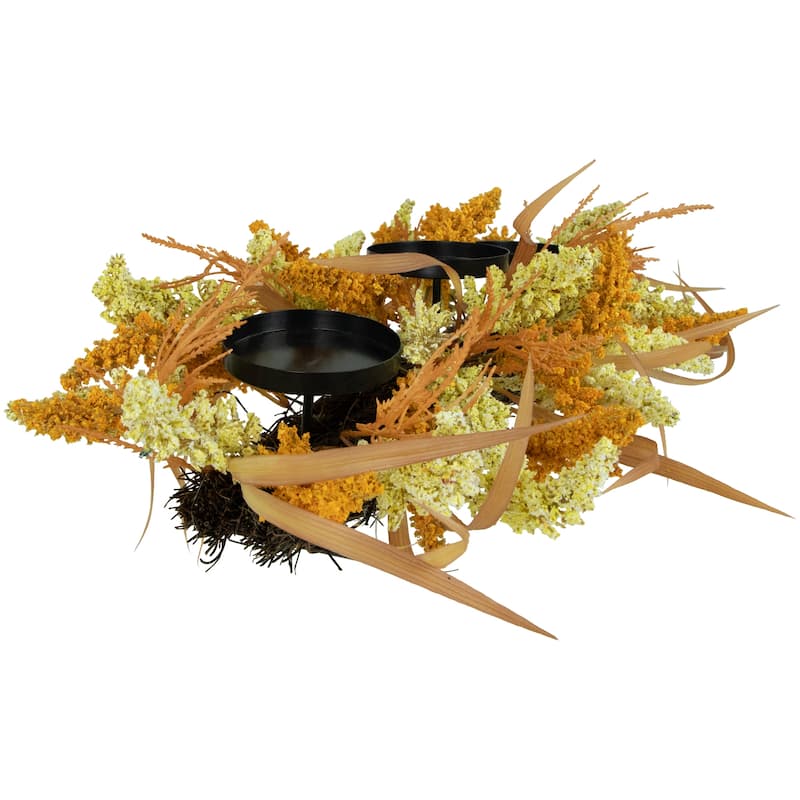 Autumn Harvest Triple Candle Holder with Artificial Fall Foliage - 22"