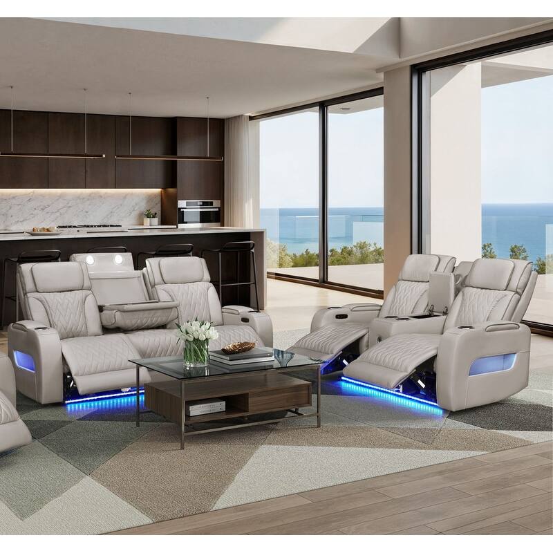 Jazz Leather Aire Pwr Reclining Sofa & Loveseat Set w/Pwr Headrest, BT Spkrs, LED, Wireless Chrg Drop Tbl, USB, Strg & Cuphldrs - Ice