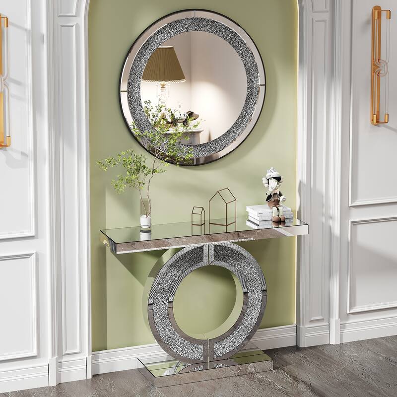 33.46"(85cm)Crystal Crush Diamond Sparkly round Silver Mirror for Wall Decoration