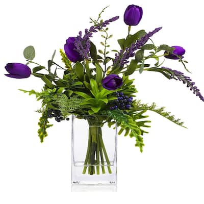 Enova Home Artificial Silk Tulips Fake Flowers and Mixed Greenery in Clear Glass Vase with Faux Water for Home Office Decoration