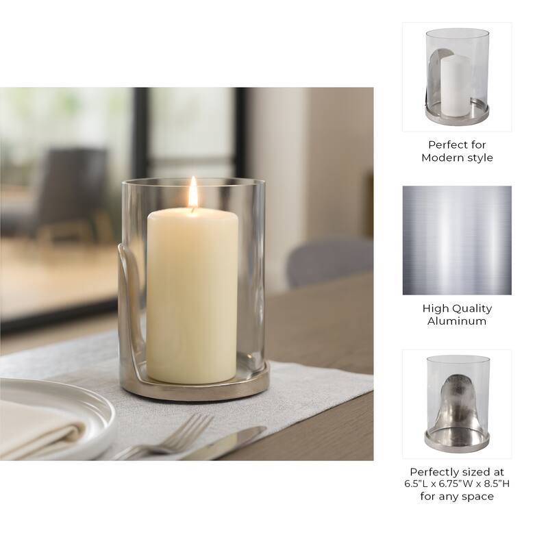 Metal Glass Lantern Hurricane Modern Design Home Office - Silver - 8.5"