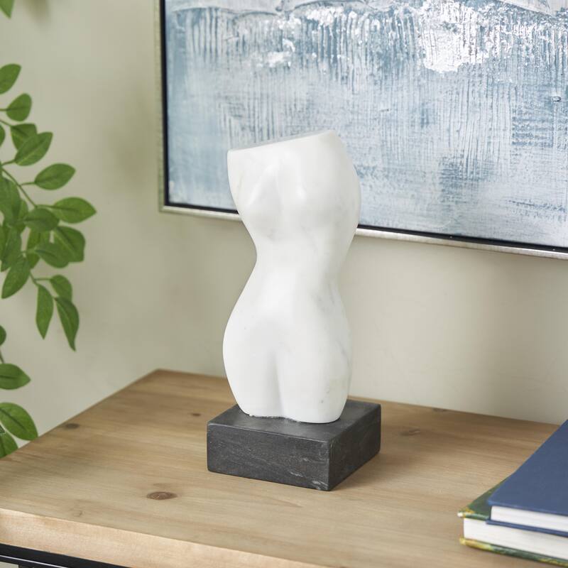 White Marble Abstract Female Form Woman Decorative Sculpture with Black Block Base - White