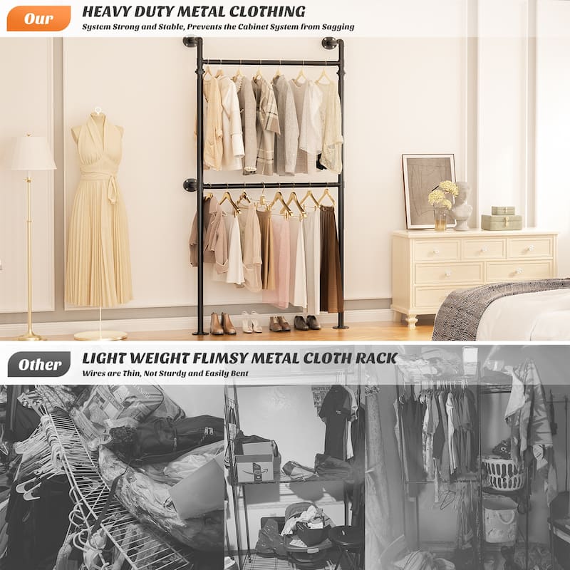 38- 153 Wide Heavy-Duty Wall-Mounted Garment Rack, Pipe Clothes Hanging Rods Closet System