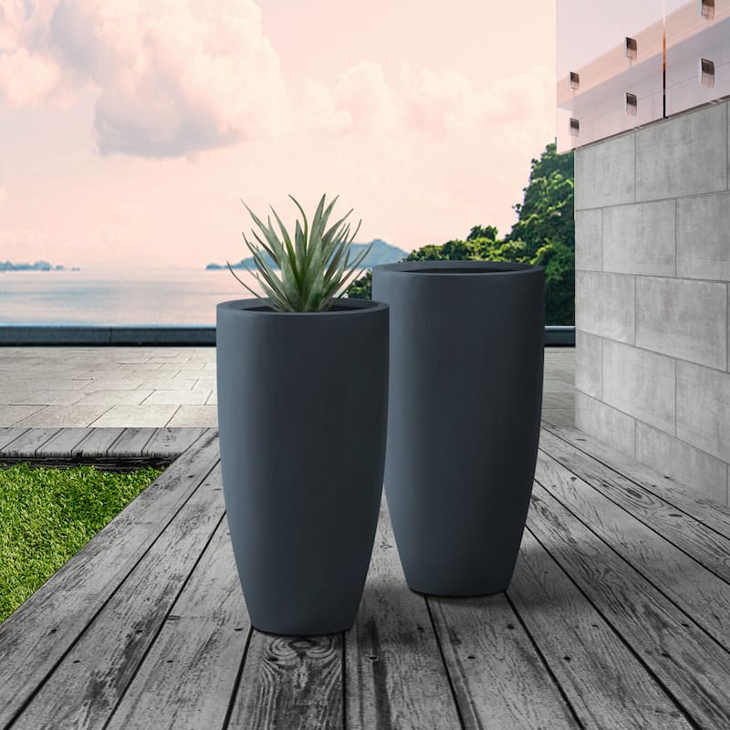 Kante 13.39 in. x 23.62 in. Round Charcoal Finish Lightweight Concrete and Fiberglass Indoor Outdoor (Set of 2)