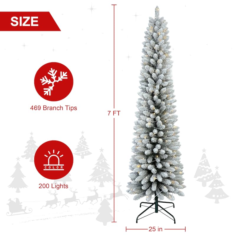 7FT Flocked Pencil Christmas Tree with 200 Warm White LED Lights-Slim Snowy PVC Tree with 469 Tips