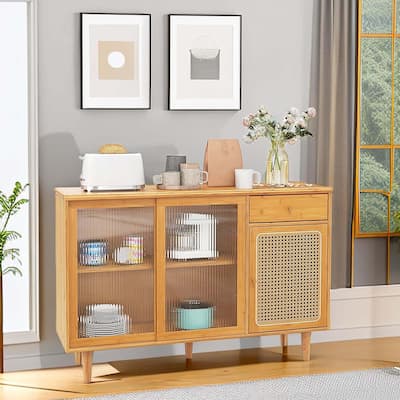 Modern Accent Storage Cupboard Console Table W/Glass & Rattan Doors