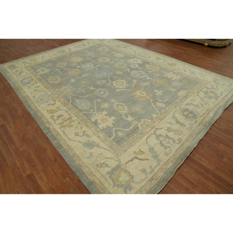 Vegetable Dye Gray Oushak Turkish Large Rug, Floral Geometric Carpet - 13' 9'' X 10' 3''