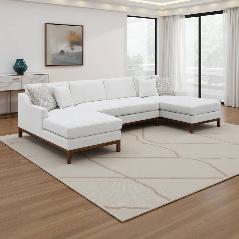 Liant U Shape Sectional Sofa, 4 Toss Pillows, Ivory Chenille, 127 Inch
