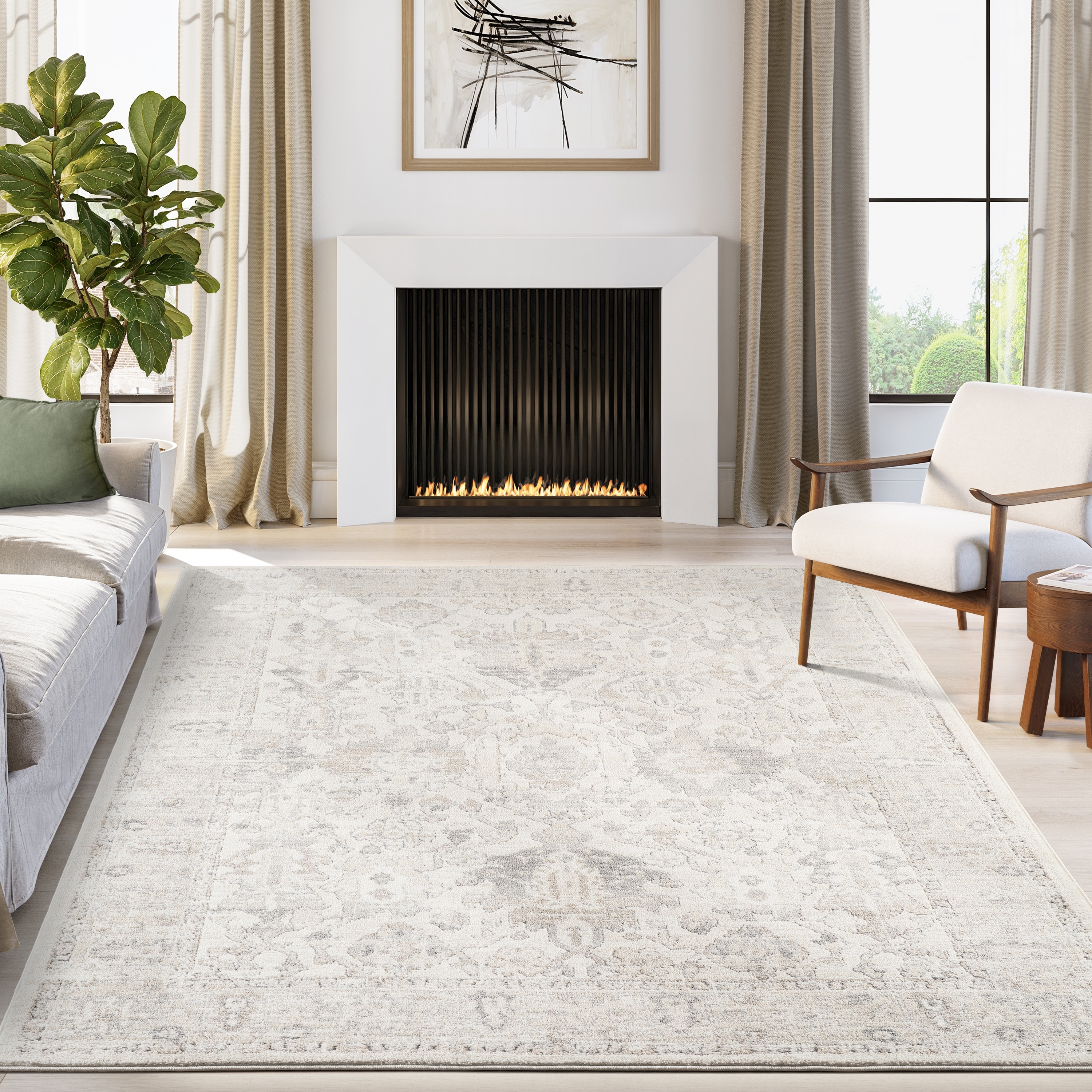 Abani Beau BEA110A Vintage-Inspired Cream and Grey Distressed Medallion Design