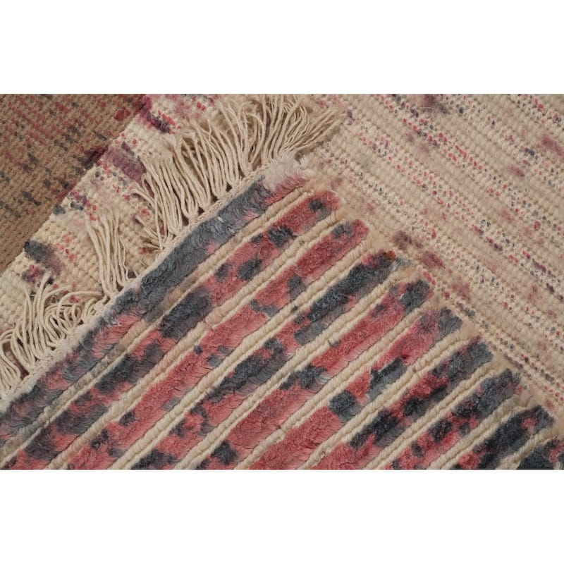 Hand Knotted Oriental Viscose Silk Carpet Modern Stripe Coral Abstract Area Rug - 6' 6'' X 4' 9''