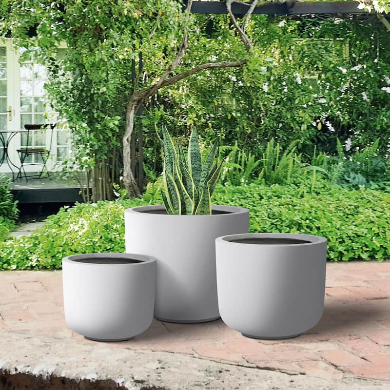 Plantara 13", 11", & 9" D Round Solid Whiteplanter (Set of 3), Concrete Flower pot for Outdoor