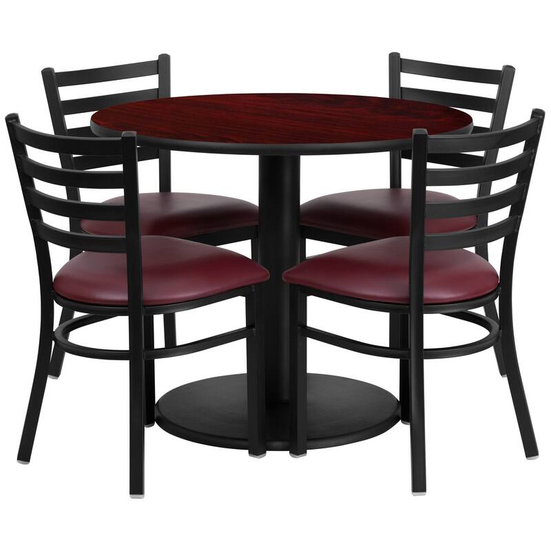 36'' Round Laminate Table Set with Round Base and 4 Ladder Back Metal Chairs - mahogany top/burgundy vinyl seat