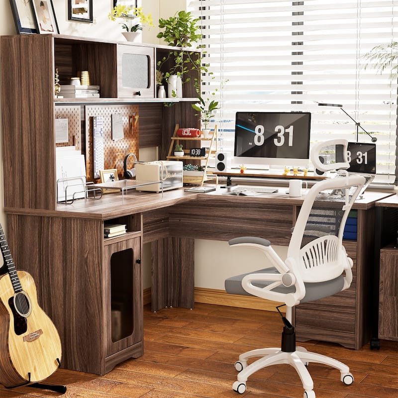 L Shaped Desk with File Cabinet and Hutch, Home Office Corner Computer Desk with Drawers and Charge Station - Red Oak